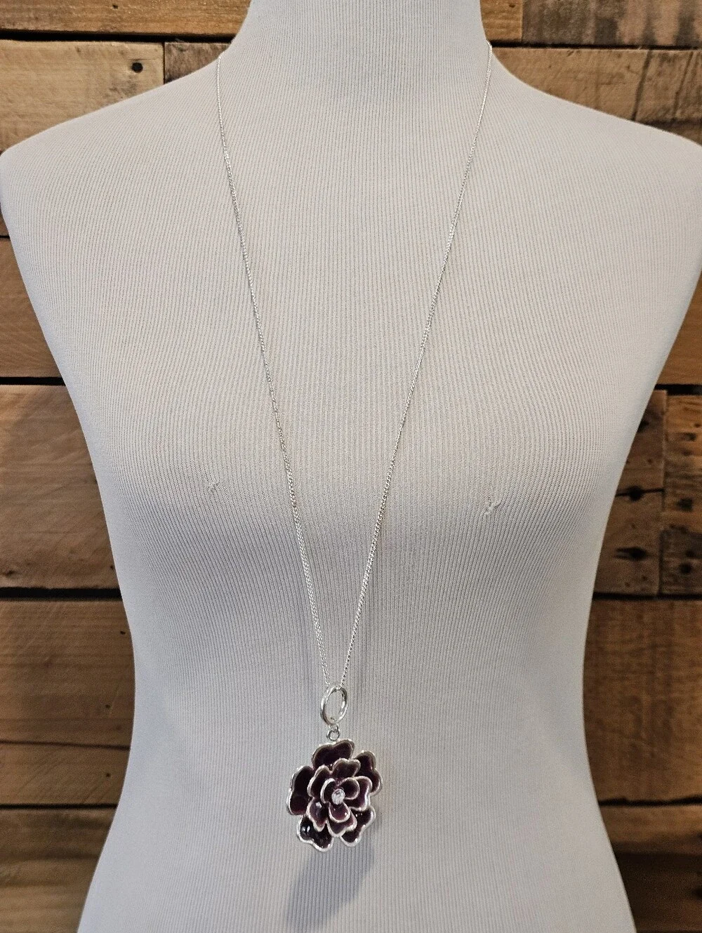 Silvertone And Purple Enamel Flower Pendant Necklace w/ Crystal Accent - Picture 2 of 6
